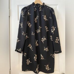 J-Crew Printed ruffleneck black floral shift dress BK248